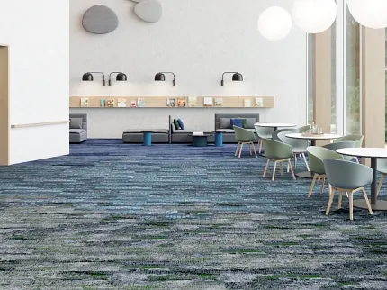 Stylish carpet tiles for contemporary library spaces Modern library with blue and green carpet tiles