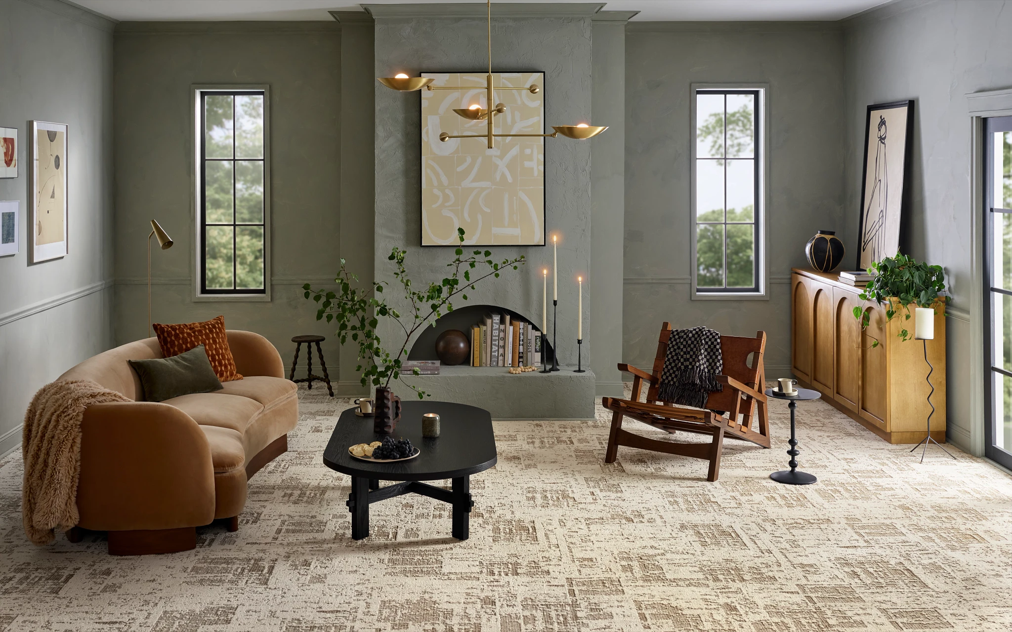 Elegant living room featuring a broadloom carpet in beige and cream abstract pattern