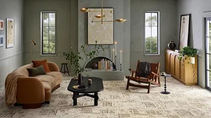 Beige and Cream Broadloom Carpet 12 ft - Modern Living Room Decor Elegant living room featuring a broadloom carpet in beige and cream abstract pattern