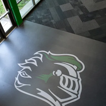 Durable LVT flooring with custom design for educational spaces Heavy commercial luxury vinyl tile flooring with custom logo in an education facility
