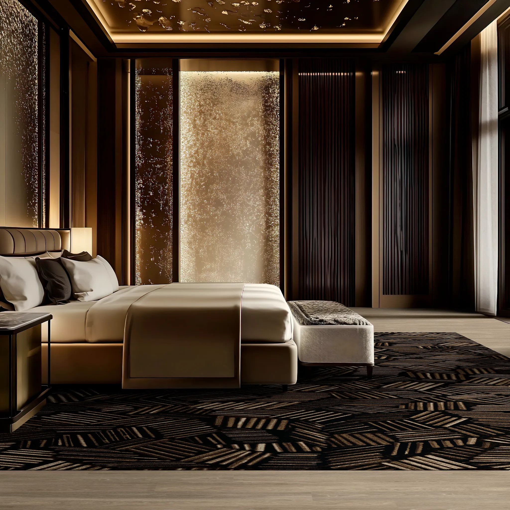Luxurious bedroom with patterned carpet and elegant lighting