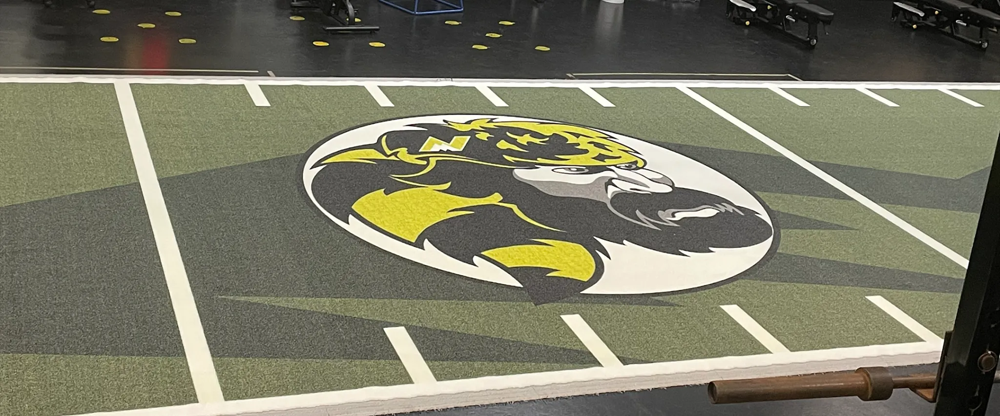 Sports-themed carpet with logo design in gym setting