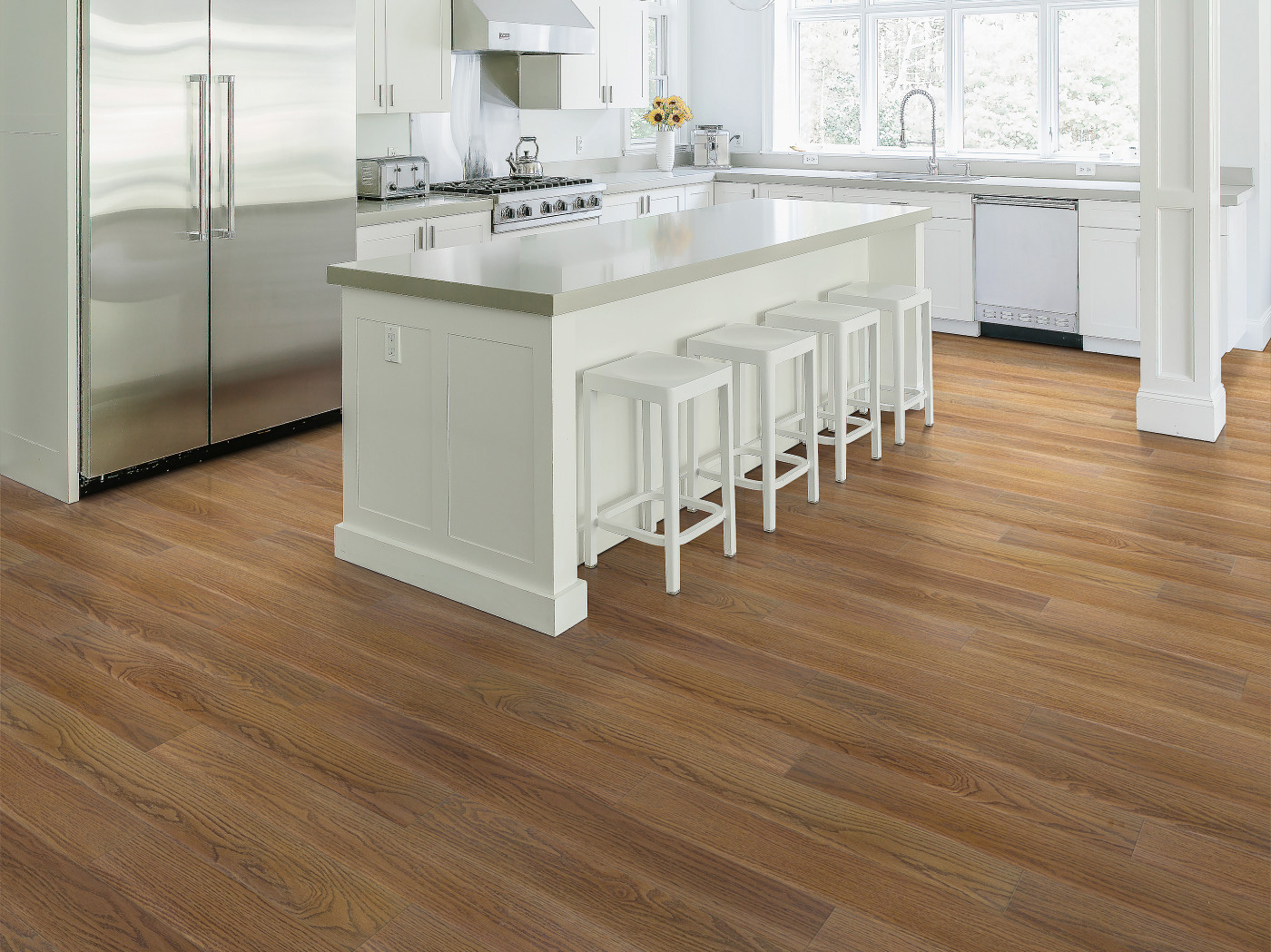 Saddle Oak flooring, shown in a room