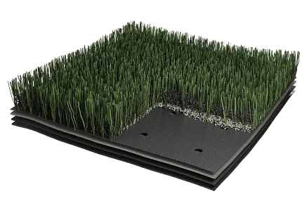 Artificial Turf Swatch with Layered Construction Artificial turf swatch with layered construction and realistic green blades