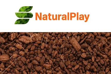 NaturalPlay Brand Logo with Pebble Background NaturalPlay logo with green leaf design above brown pebbles