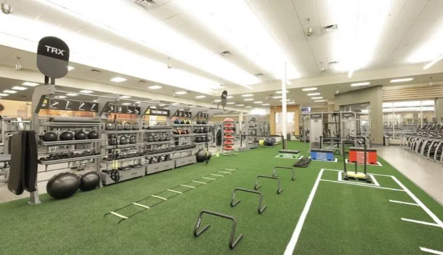Indoor gym with artificial turf flooring and exercise equipment