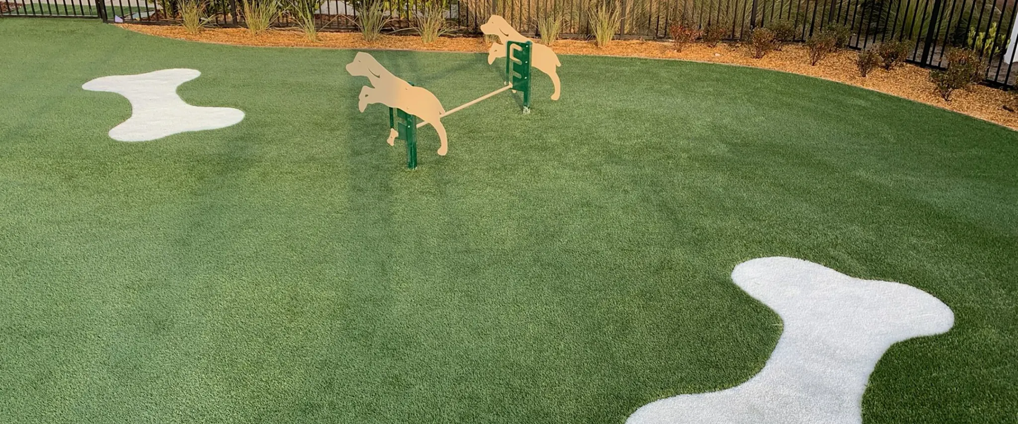 Green artificial turf with dog agility obstacles in a park