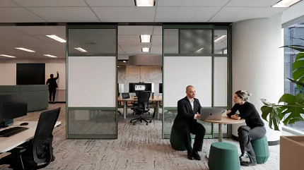 Contemporary office design with stylish flooring Modern office space with textured flooring and people collaborating