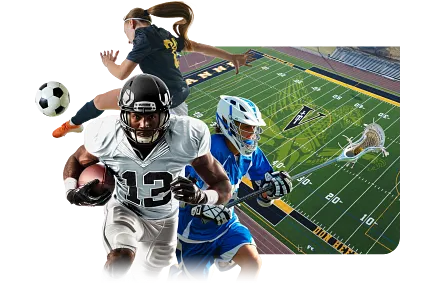 Artificial turf field with sports players Sports players on artificial turf field