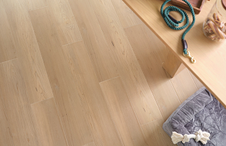 overhead view of table edge with dog leash and book, COREtec floor in a light blonde wood tone below