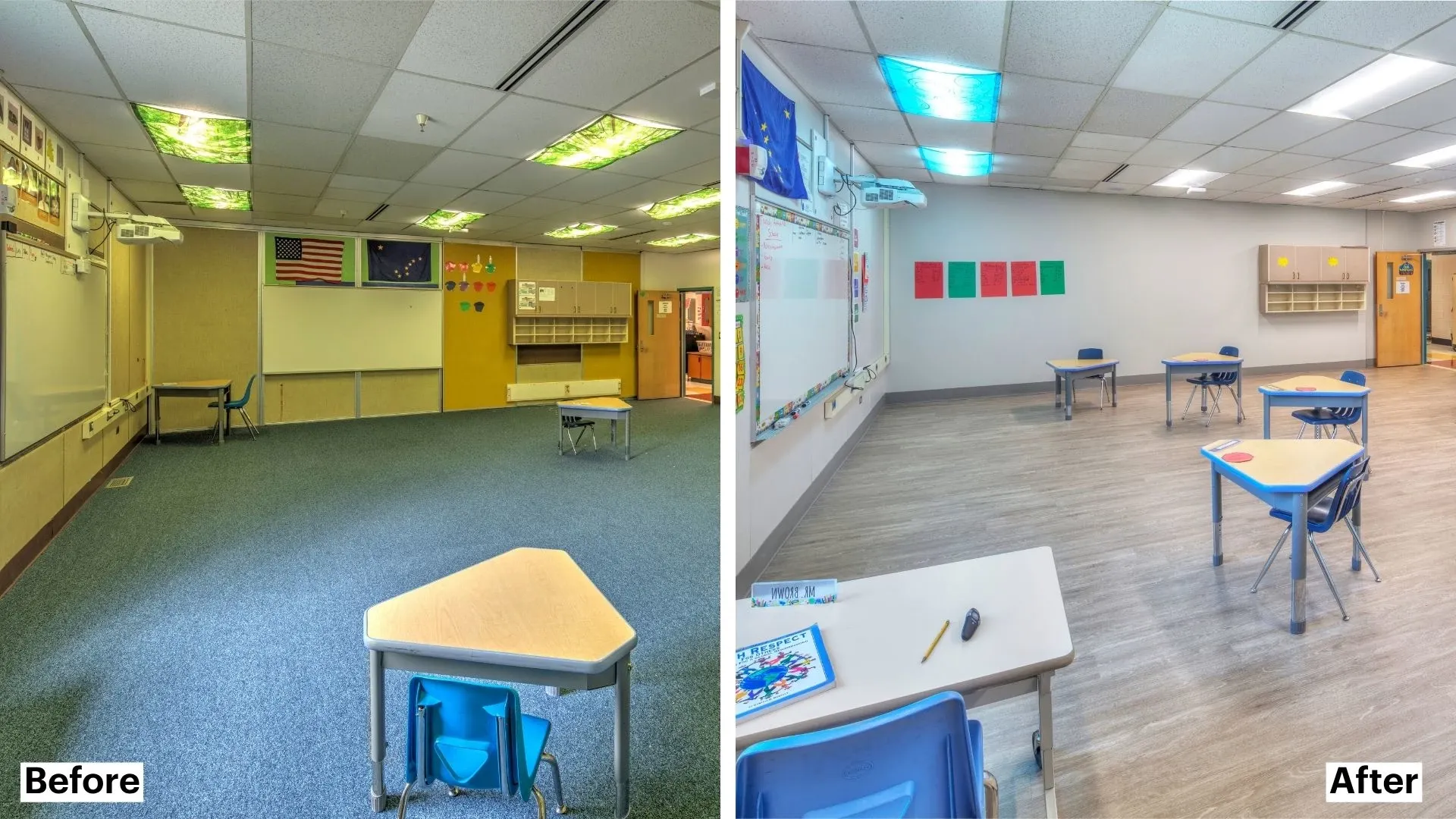 Classroom transformation with heavy commercial luxury vinyl tile flooring