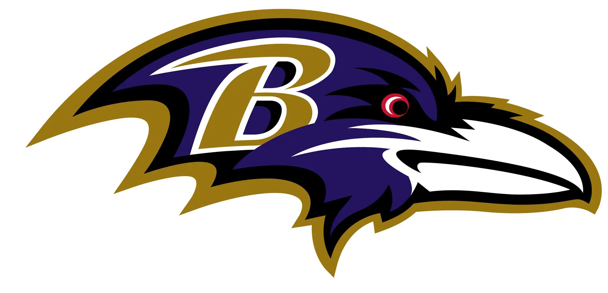 Baltimore Ravens logo featuring a stylized raven head with a gold "B" on a purple background